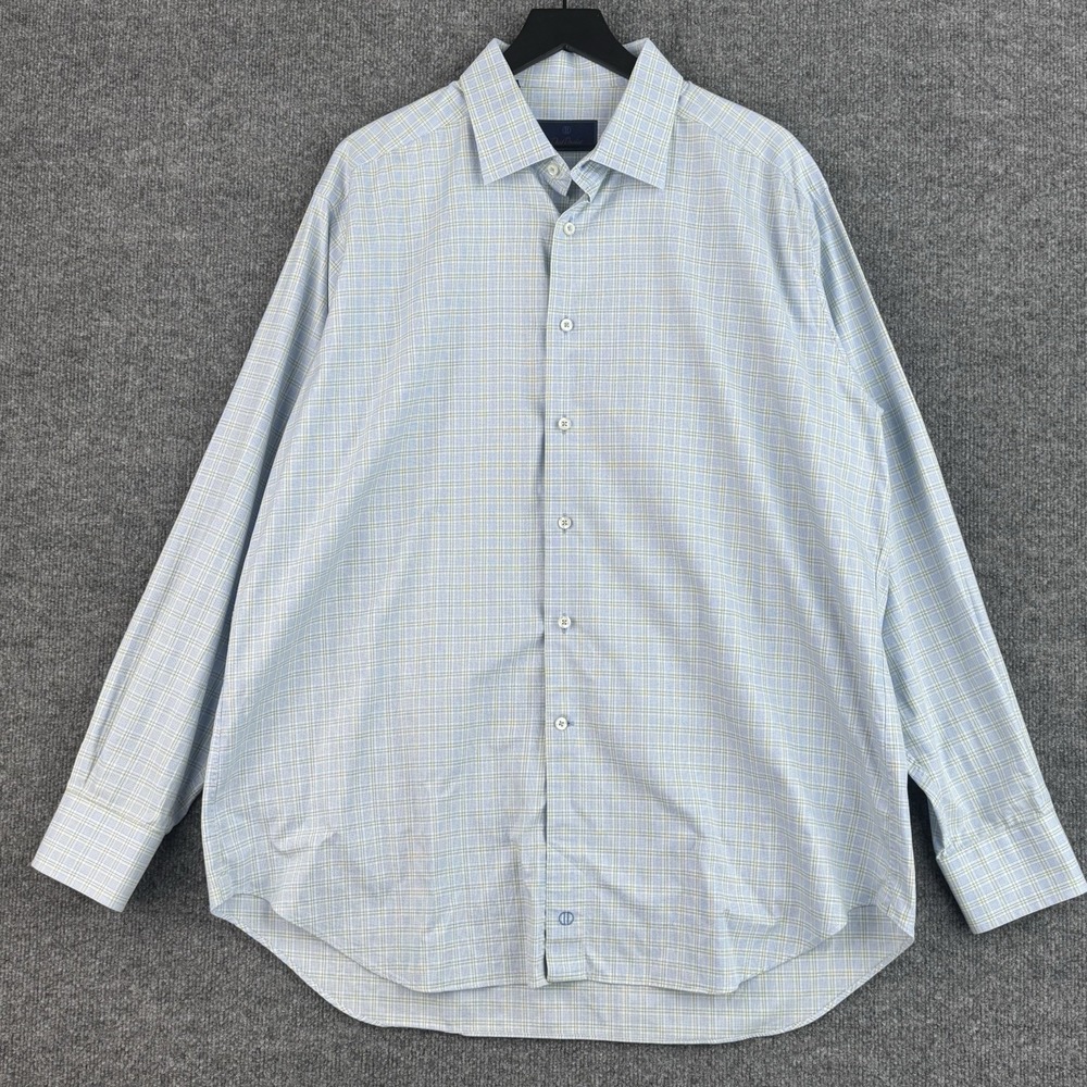 David Donahue Button Up Dress Shirt Mens 18 36/37 Blue Yellow Plaid Long Sleeve